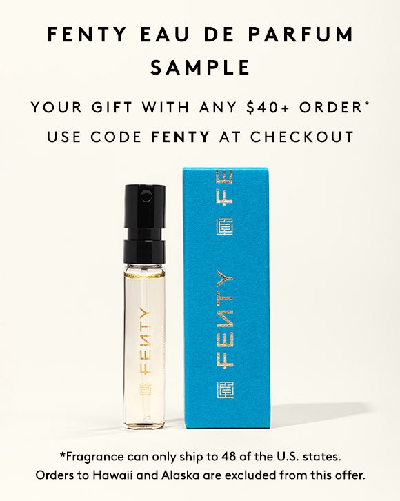 fentybeauty's tweet photo. We know y’all couldn’t wait to smell sexy with #FENTYPARFUM, so until 8/8, get a FREE sample with any $40+ purchase on https://t.co/oypHE2uWd9 and @fentyskin.com using code ‘FENTY’ at checkout. 🖤 https://t.co/ni46OspJbr
