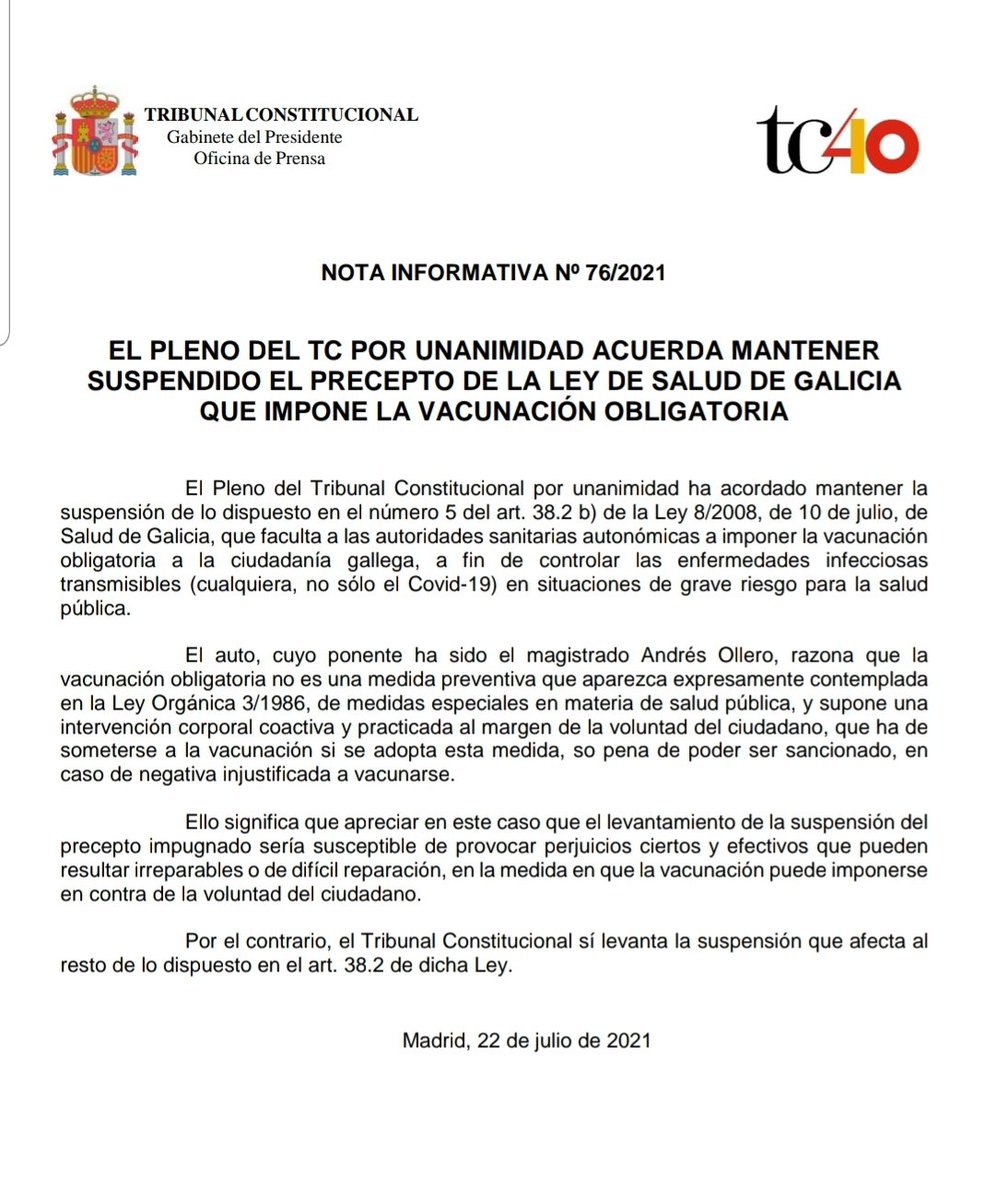 UACD_Youtube's tweet photo. IMPORTANTISIMA NOTICIA.

EL TRIBUNAL CONSTITUCIONAL ha dictado Auto ratificando la SUSPENSIÓN DE LA VACUNACIÓN OBLIGATORIA y dice claramente que está en contra de la Ley.

Nuevo video:

https://t.co/rVJEDBKeDL https://t.co/tfk8OR5gW6