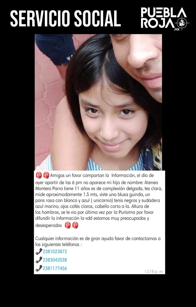 #COMPARTE 🙏🏼
Ayuda a localizar a Atenea Montero Parra.
Fue vista por última vez en en La Purísima, #Tehuacán:
