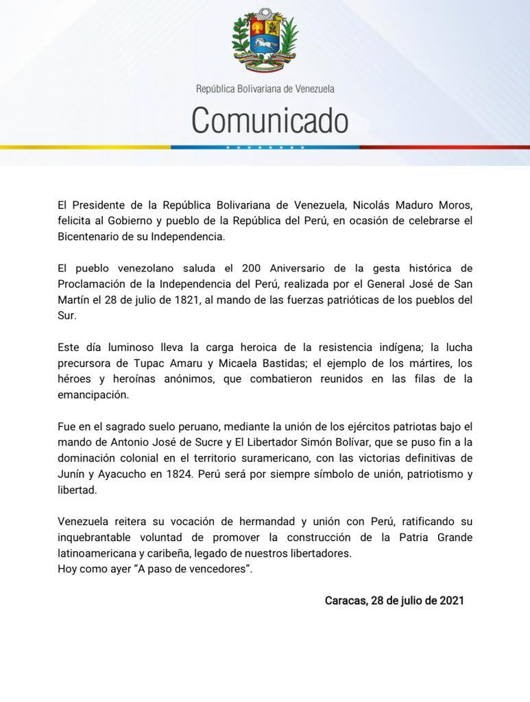 jaarreaza's tweet photo. #COMUNICADO | El Presidente @NicolasMaduro felicita a la República de Perú en el Bicentenario de su Independencia. 
Este día luminoso lleva la carga heroica de la resistencia indígena, la lucha precursora de Tupac Amaru y Micaela Bastidas.  ¡A paso de Vencedores! https://t.co/TfljLqS6pQ