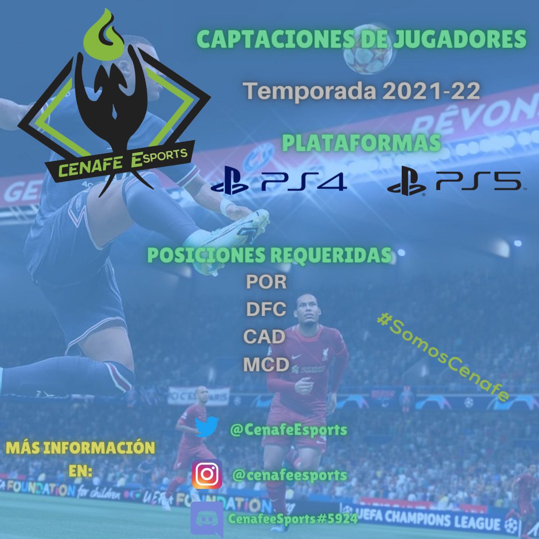 ‼️BÚSQUEDA DE JUGADORES PARA CLUBES PRO‼️
¿Estás buscando un equipo con recursos y un buen proyecto de cara a la próxima temporada? En Cenafe eSports te ofrecemos eso y más, en un ambiente sano donde reina el compañerismo y la ambición.

Un RT y difusión se agradece.📩