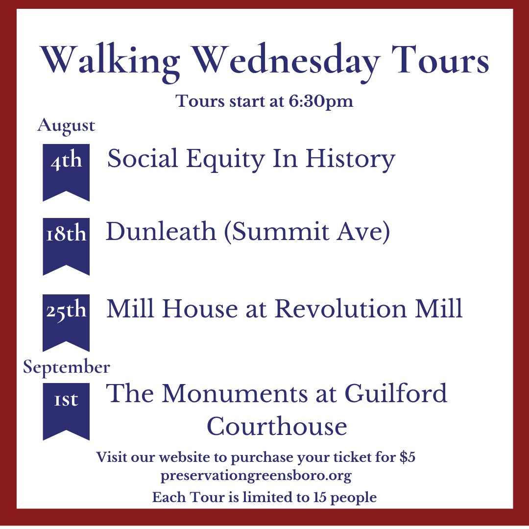 Don't walk, run!  We have three new walking tours coming up.  Tours sell out fast so visit our website to get your ticket now!

#preservationgreensboro#pgi#historicpreservation#nonprofit#greensborohistorichomes#local#history#preservationmatters#greensboro#northcarolina#nchistory