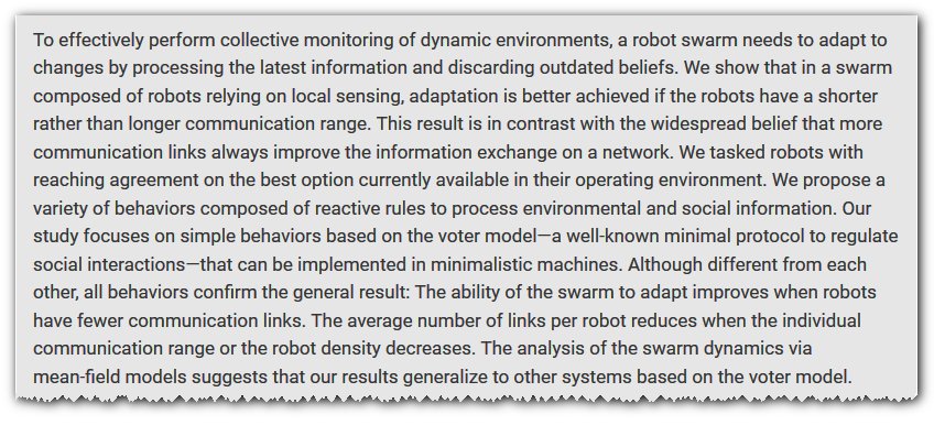 carlesdijous's tweet image. When less is more: #Robot swarms adapt better to changes with constrained communication. bit.ly/3l1G2WS #robotics #RobotSwarm