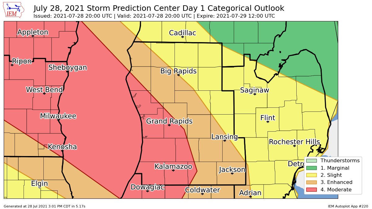 iembot_grr's tweet photo. SPC issues Day 1 Moderate Convective Risk at Jul 28, 20:00z for GRR https://t.co/T8vG9jCth6 https://t.co/hidouN1rGg