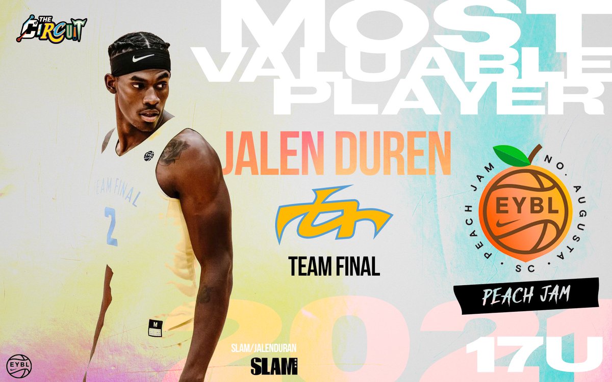 TheCircuit's tweet photo. Nike EYBL Peach Jam 🍑 Most Valuable Player 🏆

Jalen Duren // Team Final (PA)

The No. 1 player in 🇺🇸 showcased flashes of absolute dominance en route to a Peach Jam Title, averaging 13.1 PPG, 8.5 RPG. 2.8 BPG, and 2.3 APG 💪🏾

Awards 👇🏾
https://t.co/pzY7HjYQJ6 #PeachJam https://t.co/3P25iEvFNw