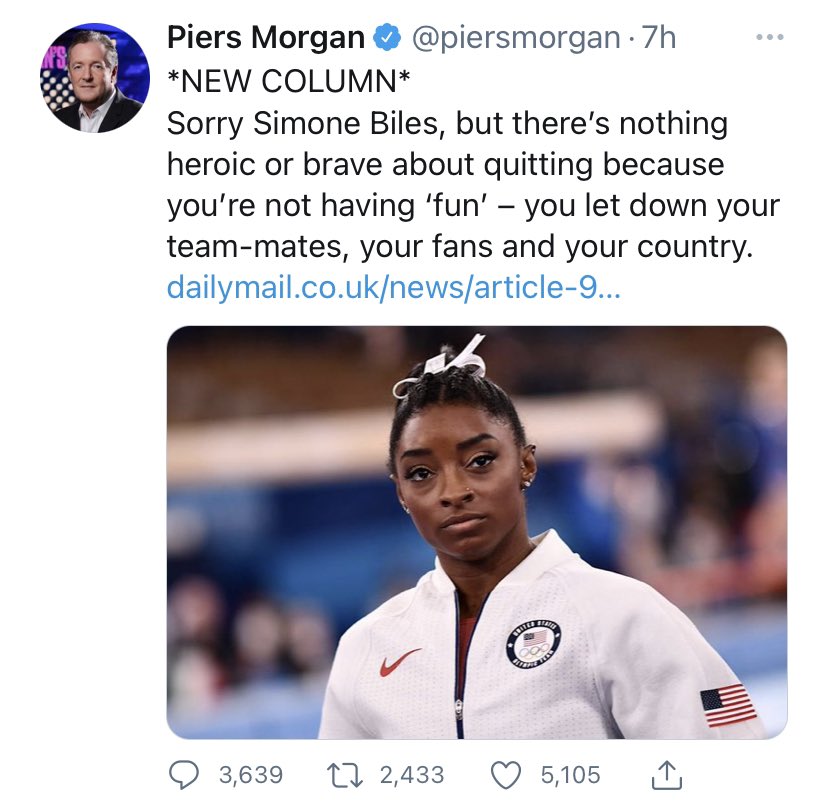 Mandu Reid on X: "What the hell do you know @piersmorgan? Simone Biles marshalled her incredible talent, beat extraordinary odds (poverty, neglect, racism, abuse), and made immense sacrifices to become the most