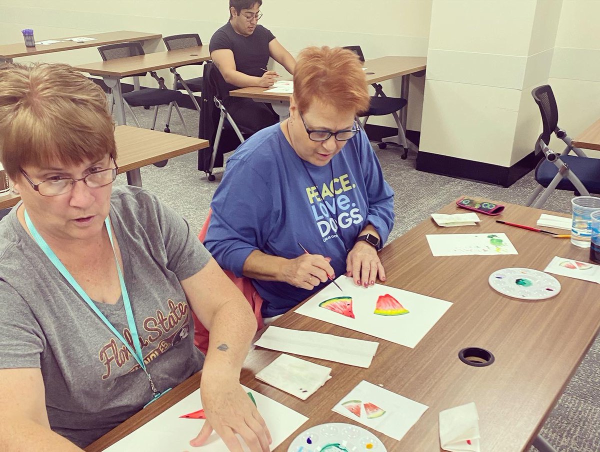 SHRTBackstage's tweet photo. Did you know: When people create something beautiful through painting, they stimulate the creative mind while relieving mental strain. 

In today’s lesson lengthener, @mrselliott12211 walked some TMs through a @letsgomakeart watermelon watercolor tutorial. Everyone had fun! https://t.co/w0TM9lUpHO