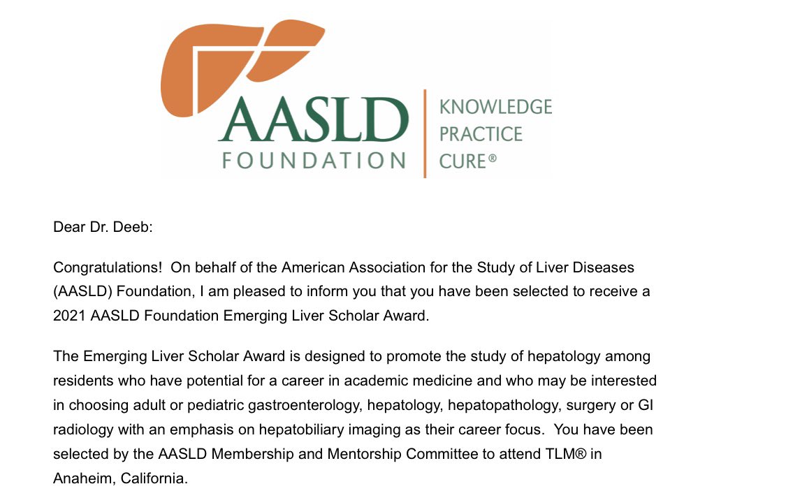 Honoured and excited to receive the 2021 AASLD Emerging Liver Scholar Award 🥇! So blessed to have incredible mentors in Hepatology @AutoImmuneLiver @hepatoMD @KristelLeung without whom I would not be here.

@AASLDtweets @AASLDFoundation