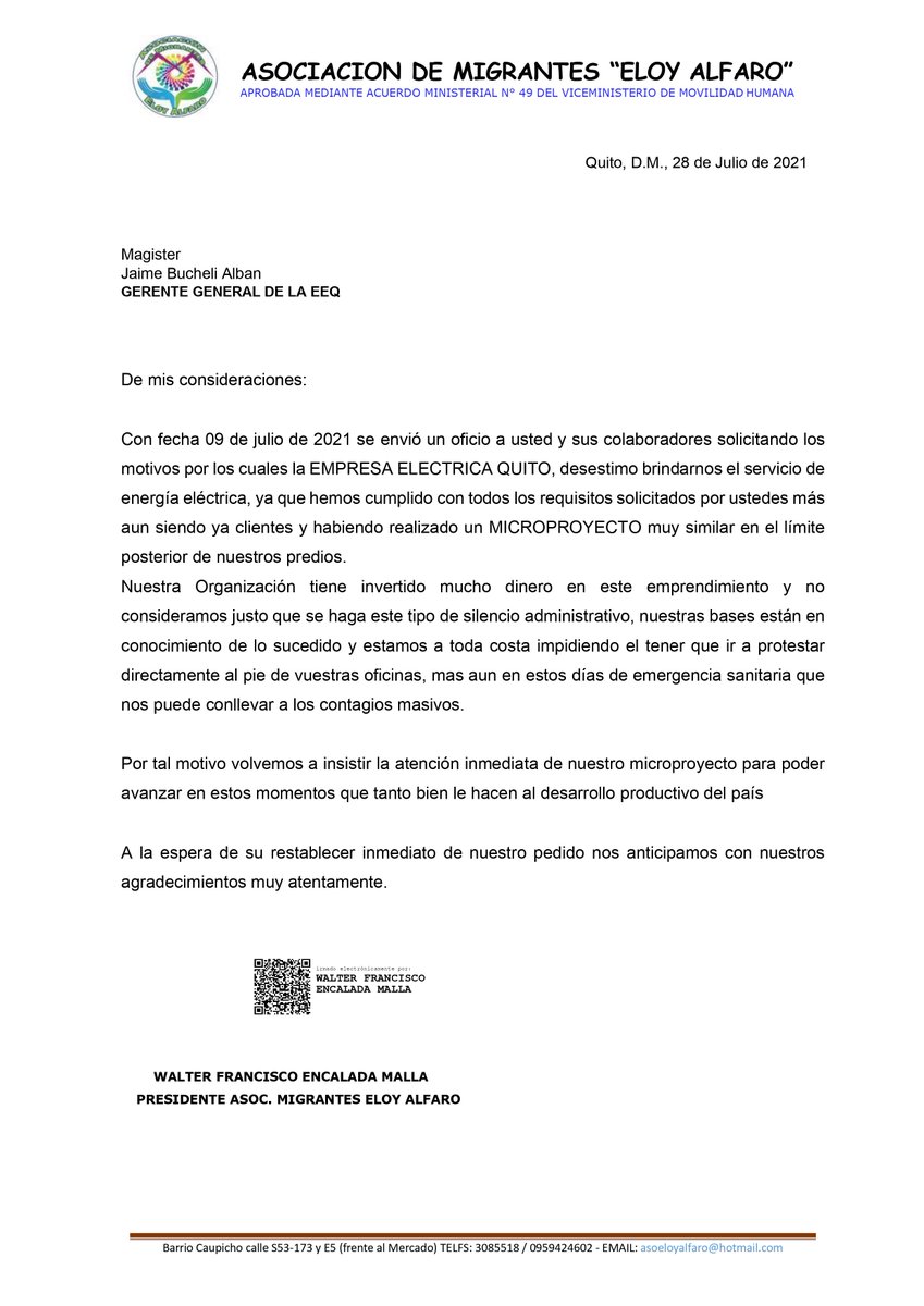 asociamigrantes's tweet photo. @ElectricaQuito @jebucheliec seguimos esperando la respuesta a nuestro microproyecto, hemos invertido mucho dinero, ustedes de momento son la única empresa que comercializa el servicio eléctrico, necesitamos de su ayuda @LassoGuillermo para reactivar económicamente al país. https://t.co/4CoyY7PTI8