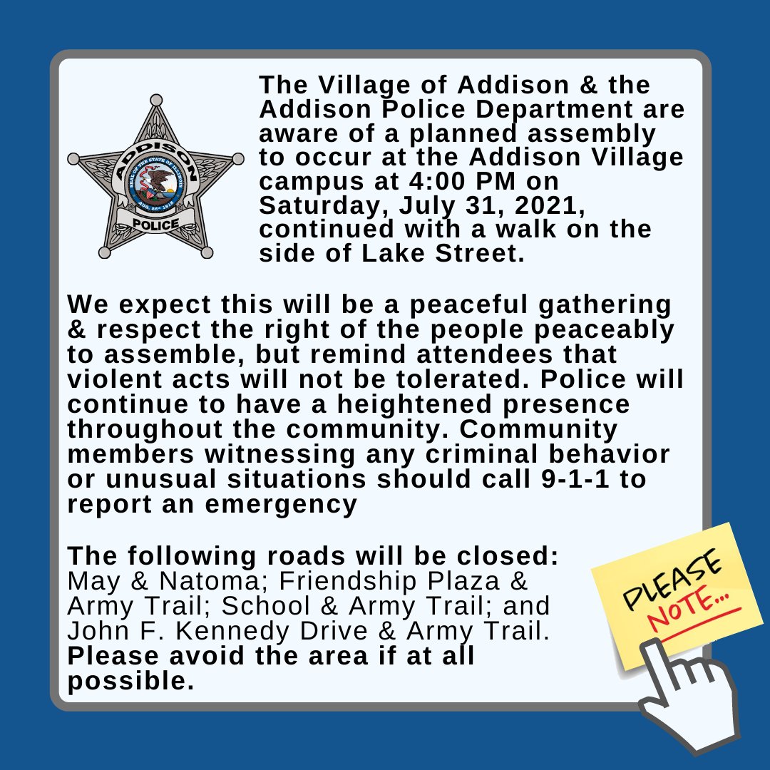 ACDCdispatch's tweet image. PLANNED PEACEFUL ASSEMBLY
The Village of Addison &amp;amp; and the Addison Police will continue to keep the community up-to-date. Be sure to stay connected by following the #VillageofAddison &amp;amp; #AddisonPD on Facebook. #ACDCpublicsafety