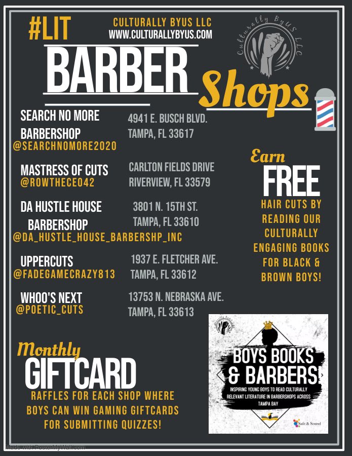 CulturallyByUS's tweet photo. It’s back to school time, but did you know your son can get free haircuts all year round just by READING? Here are a list of our #LIT barbershops in Tampa! We added a new one this summer. Check it out #boysbooksbarbers https://t.co/5O1euaFcAy