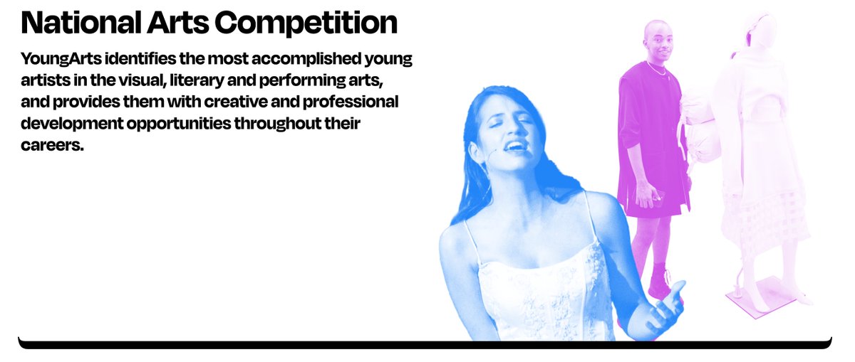 Opportunity alert! Are you a 15- to 18-year-old visual, literary, or performing artist based in the United States?

The 2022 application is open June 22-October 15, 2021.

youngarts.org/competition/