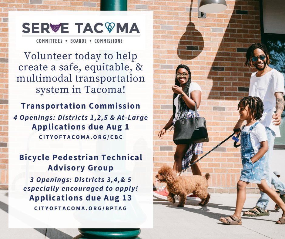 Apply today for the <a href="/CityofTacoma/">City of Tacoma</a> Transportation Commission at cityoftacoma.org/cbc and/or the Bicycle Pedestrian Technical Advisory Group at cityoftacoma.org/bptag. Please help us spread the word!  #bike253 #walk253 #roll253 #transportation253  #volunteer253