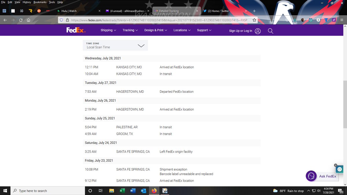 LouLouLovesU's tweet photo. @fedex ...WTF? Cali to Maryland(literally an hour and 15 mins from me) to Missouri?  
...and you wonder why they keep raising their fees---because they have the stupidest routes. #thatsCostEffective https://t.co/6rD7UzuEkj