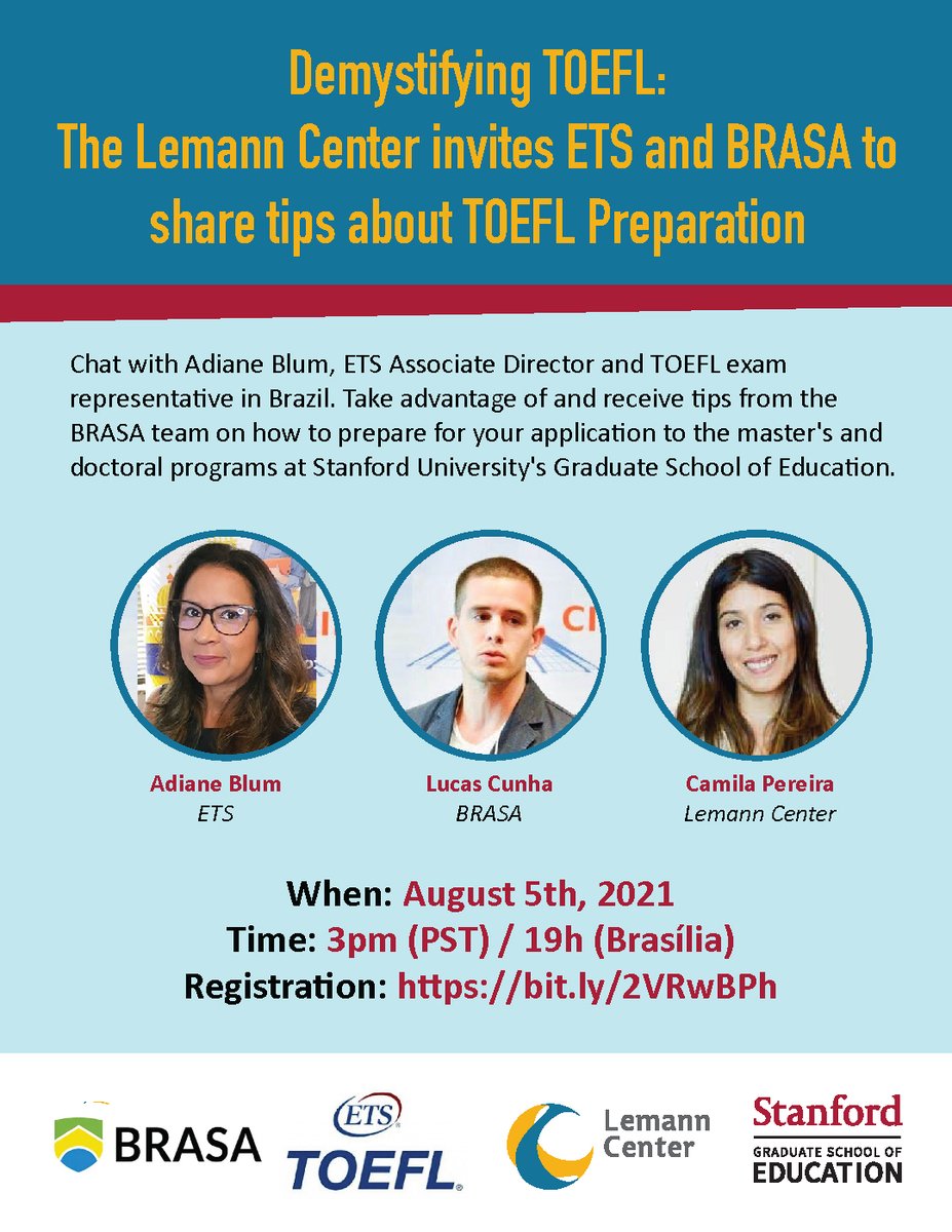 Demystifying TOEFL!

Join us next Thursday 8/5 at 3pm as we share tips about TOEFL Preparation.

RSVP here: lemanncenter.stanford.edu/education-scho…