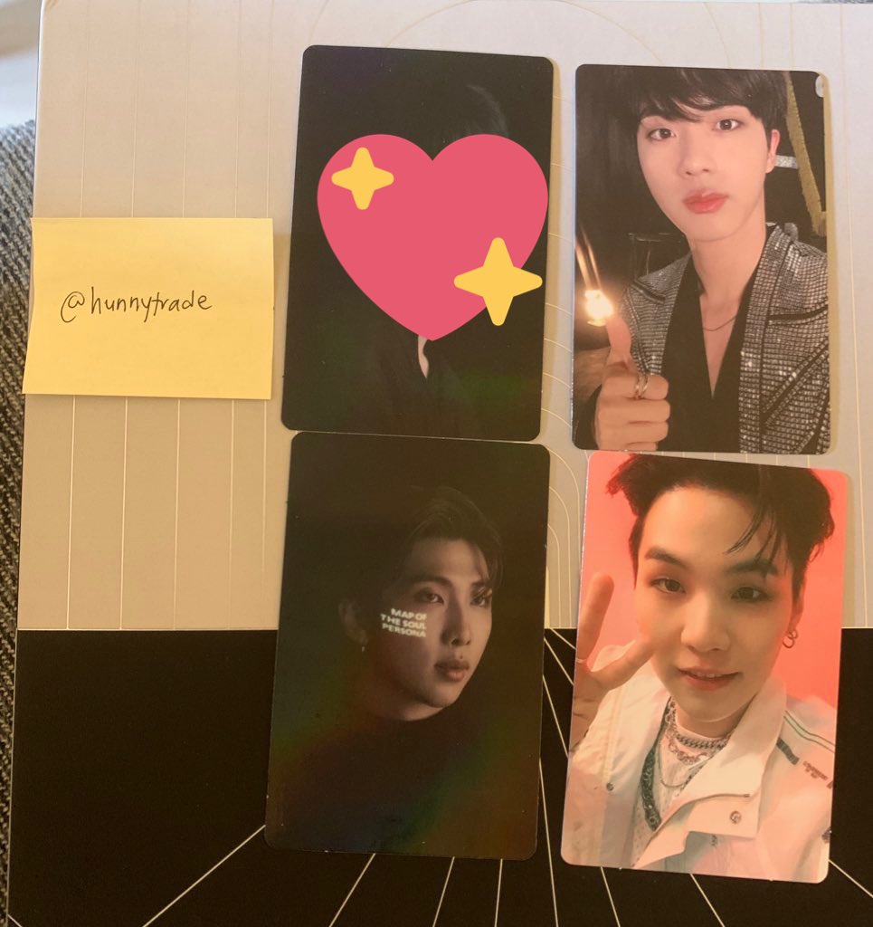 [WTT] 💖

Album/Goods: BTS map of the soul concept photo book 

Have: Namjoon/RM, Jin, Yoongi/SUGA

Want: Jungkook (or Tae for the holo!) 
-willing to cross trade versions

Location: California

US / CAN only pls! Tracked shipping

<a href="/BTStradePC/">BTS Trade and Sell</a> <a href="/BTSTradingPC/">WTT💯 WTS❌</a> <a href="/BTStrading_USA/">BTS PC TRADE USA 💜⁷</a>