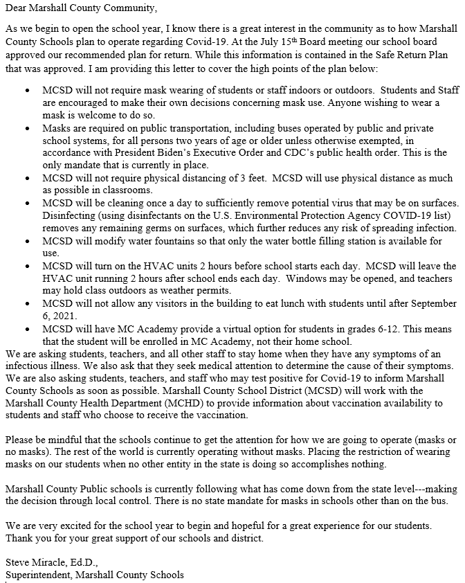 MarshalsBOE's tweet photo. A letter from Superintendent Miracle... https://t.co/zAs7tSlls2
