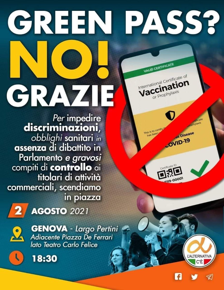 SenatoMattia's tweet photo. #NoGreenPass
LUNEDÌ 2 AGOSTO, GENOVA, MANIFESTAZIONE AUTORIZZATA CONTRO IL LASCIAPASSARE SANITARIO.
Contro il decreto legge che ha prorogato lo stato di emergenza e ha introdotto restrizioni per coloro che non possiedono il lasciapassare sanitario.
👇👇👇
https://t.co/TU6p6brP4Z https://t.co/UMxOptTwHn