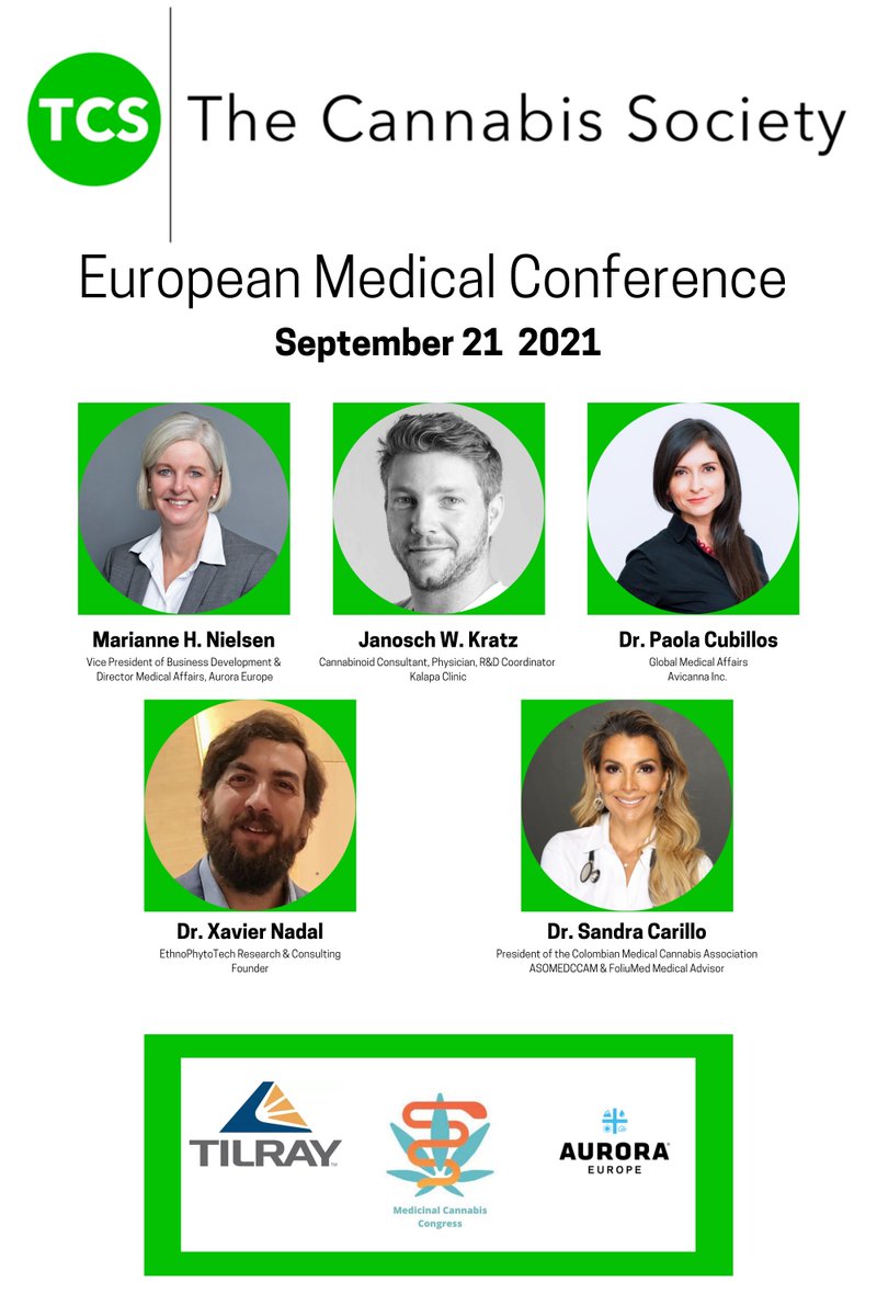 CannabisSoTO's tweet photo. The Cannabis Society is excited to hear from the medical experts Dr.Marianne H Nielsen @Aurora_MMJ, Dr.Janosch Kratz @kalapa_clinic , Dr.Paola Cubillos MD @drpaolandmd, Dr.Sandra Carrillo @md_carrillo ,and Dr.Xavier Nadal @Phytoplant_es at our Sept 21 European Medical Conference. https://t.co/uPSTzI0iMM