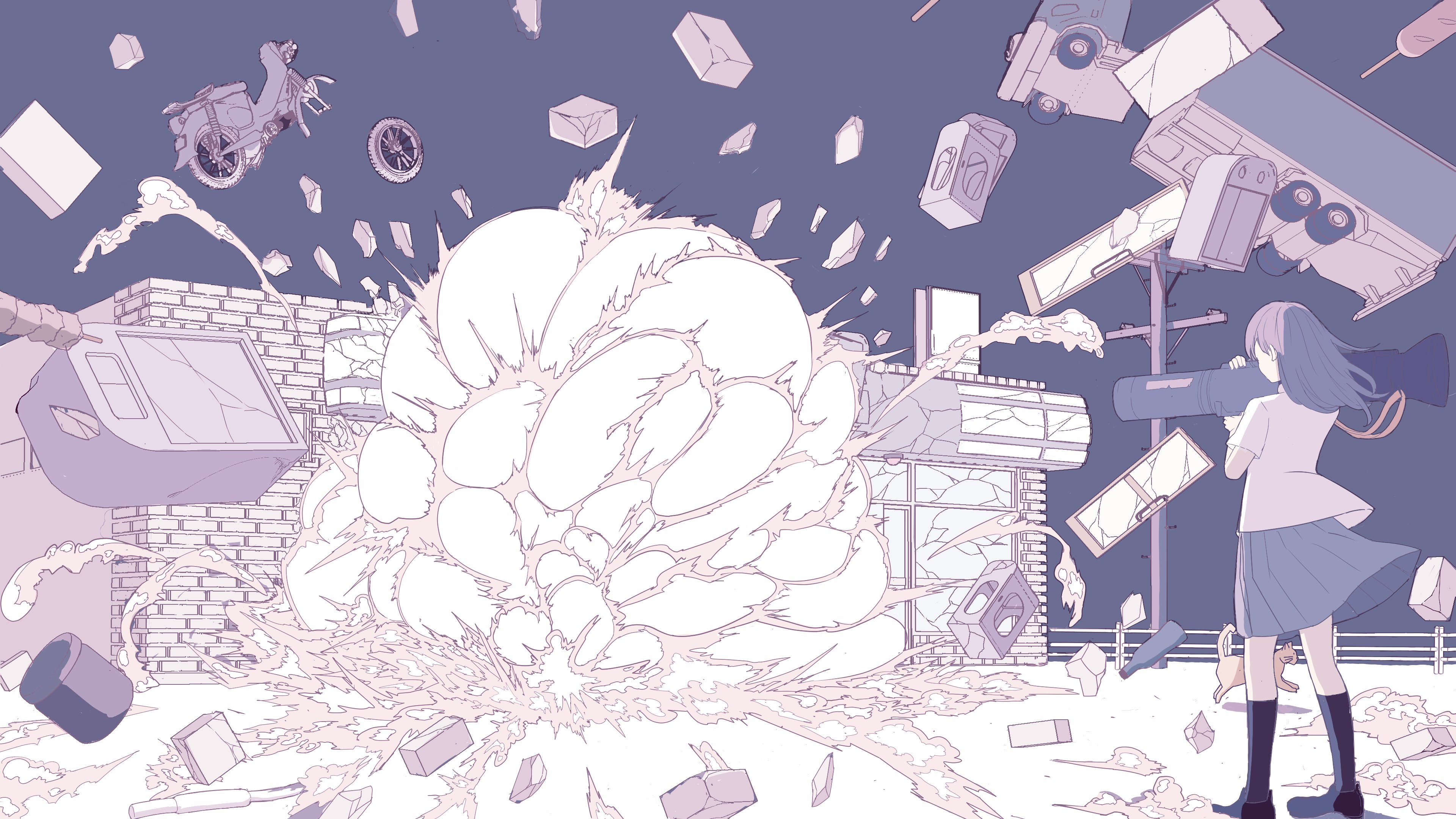 きんぴらごぼう ご依頼頂いたイラストの納品が終わりました 喜んでいただけたようで嬉しかったです ご依頼は 深夜のコンビニに ロケットランチャーを撃ち込む女子高生 です エイゾーイラストコンテストで描いた空のイメージでのイラストを希望された