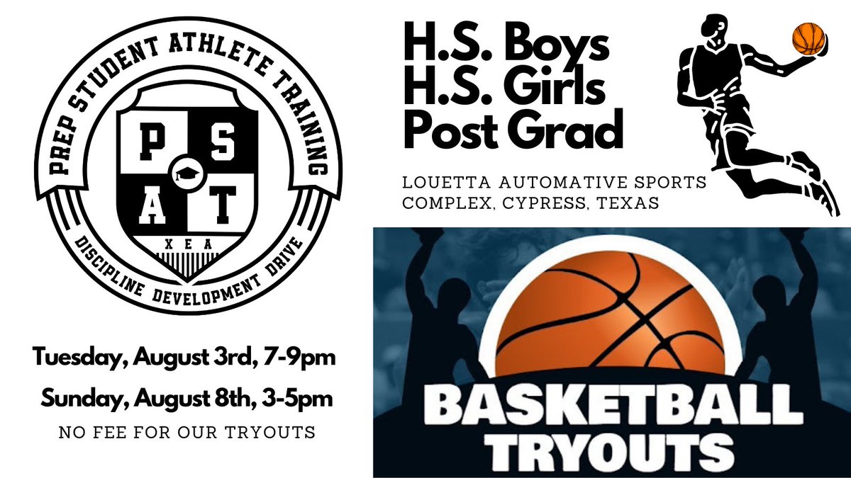PSATAcademy's tweet photo. Tryouts🏀 2021-2022 PSAT Academy High School Boys, Girls & Post Graduate🔥
Tuesday: August 3rd, 7-9pm
Sunday: August 8th, 3-5pm
@louettasports
@CoachKenGamble
@CoachDJ__
@Boy_named_Su_5
@HoUCoachChuck11
@CartierMartin
@MikeWestHTX
@TheSwaic
@bigsloan32
@TxTakeover_Ned https://t.co/PQfRYUoE32