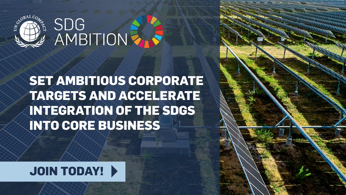 Text: Set ambitious corporate targets and accelerate integration of the SDGs into core business. Join today! Logo: SDG Ambition. Background: a photo looking the rows of a field of solar panels.  
