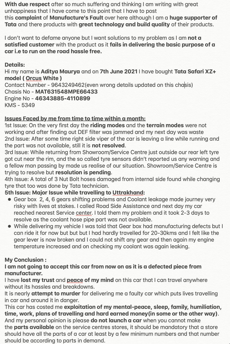 adityamaurya_02's tweet photo. @TataMotors_Cars
@RNTata2000
@TataMotors
@nitin_gadkari
@TataCompanies
Great admirer of TATA but was not a satisfied customer of #TataSafari, its hardly 1 month and issues have flooded. Felt Life at Stake, Stuck in Dehradun #GearBoxDefected, #NotSafe #CoolantLeakage https://t.co/B039S2daiS
