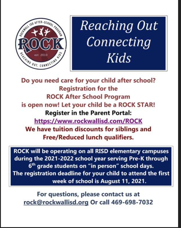 Attention ROCK PARENTS: Registration deadline is August 11, 2021. Make your child a ROCK STAR this year. #rockrocks
#rockwallisd