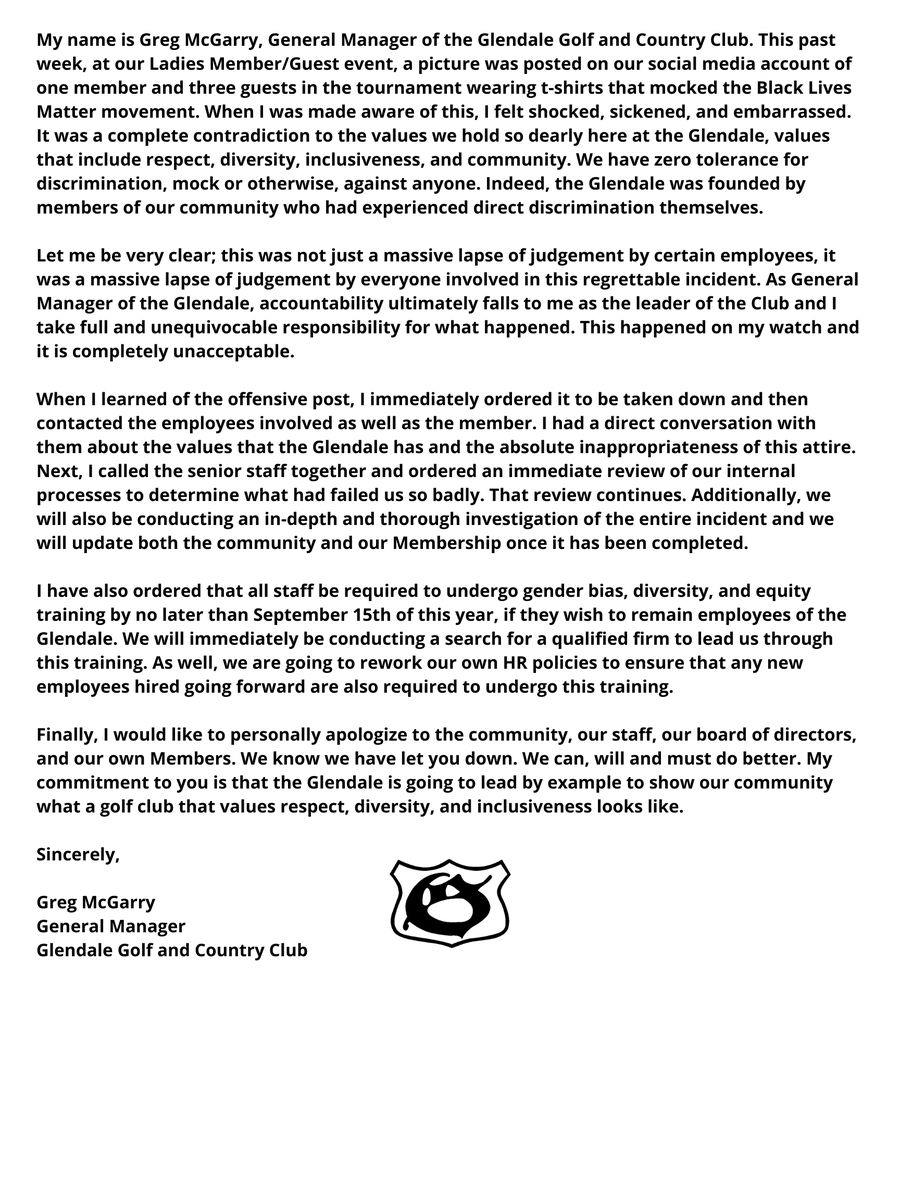 Glendale G&amp;CC Official Statement