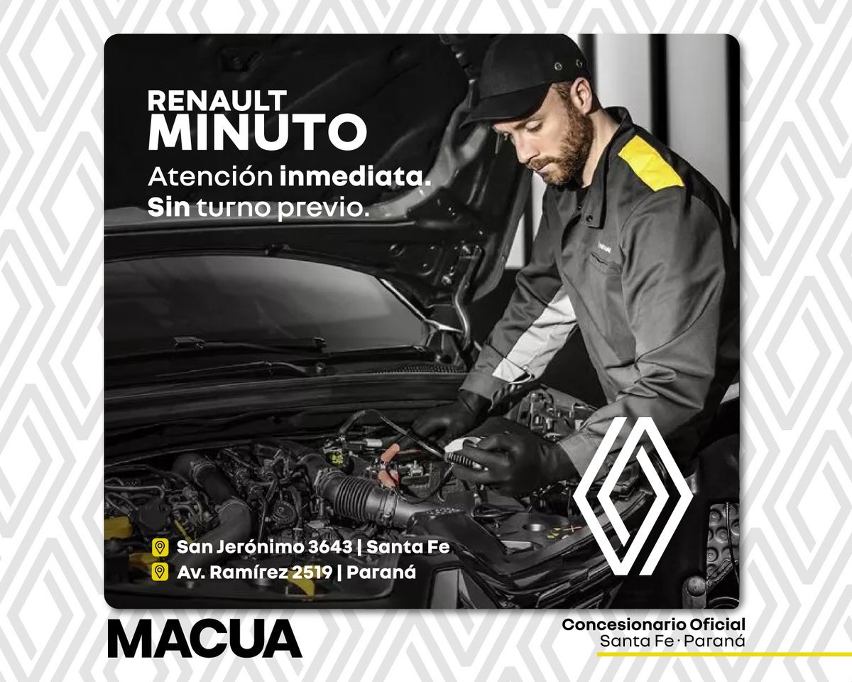 MacuaRenault's tweet photo. Tu Renault en el mejor estado, tal como lo retiraste de la concesionaria.
Pasá por MINUTO, sin turno previo. Te esperamos.
.
 #macua #renault #minuto #renaultminuto https://t.co/UjUZhxk8AK