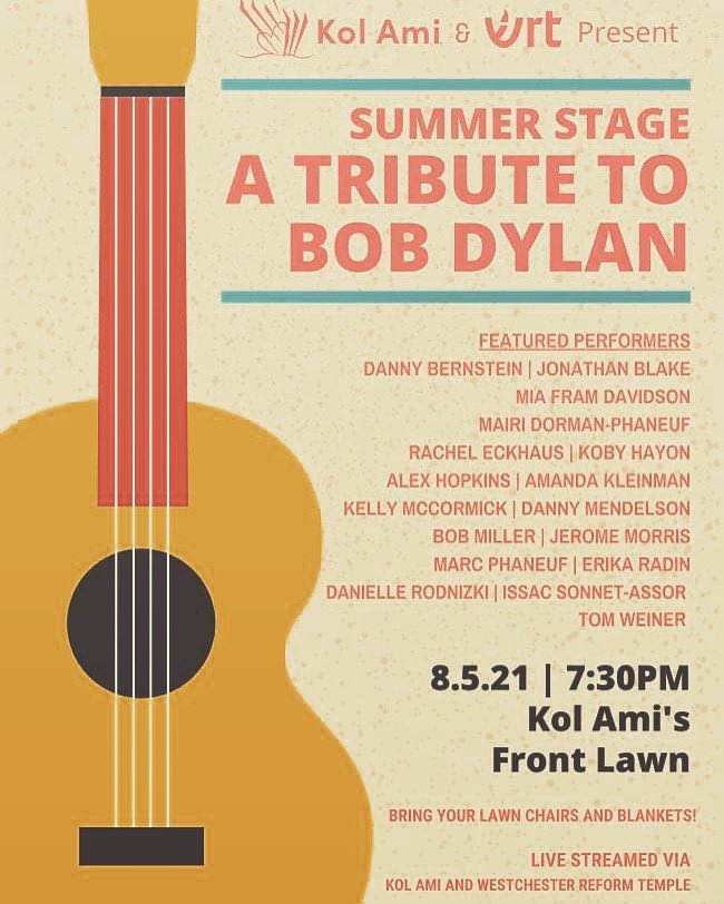 We can't wait to see you at Congregation Kol Ami on Thursday, August 5th at 7:30 p.m. for WRT's beloved Summer Stage concert! Don't miss a chance to hear WRT clergy and talented congregants singing classic Dylan tunes! 🎼🎤🎸🎹