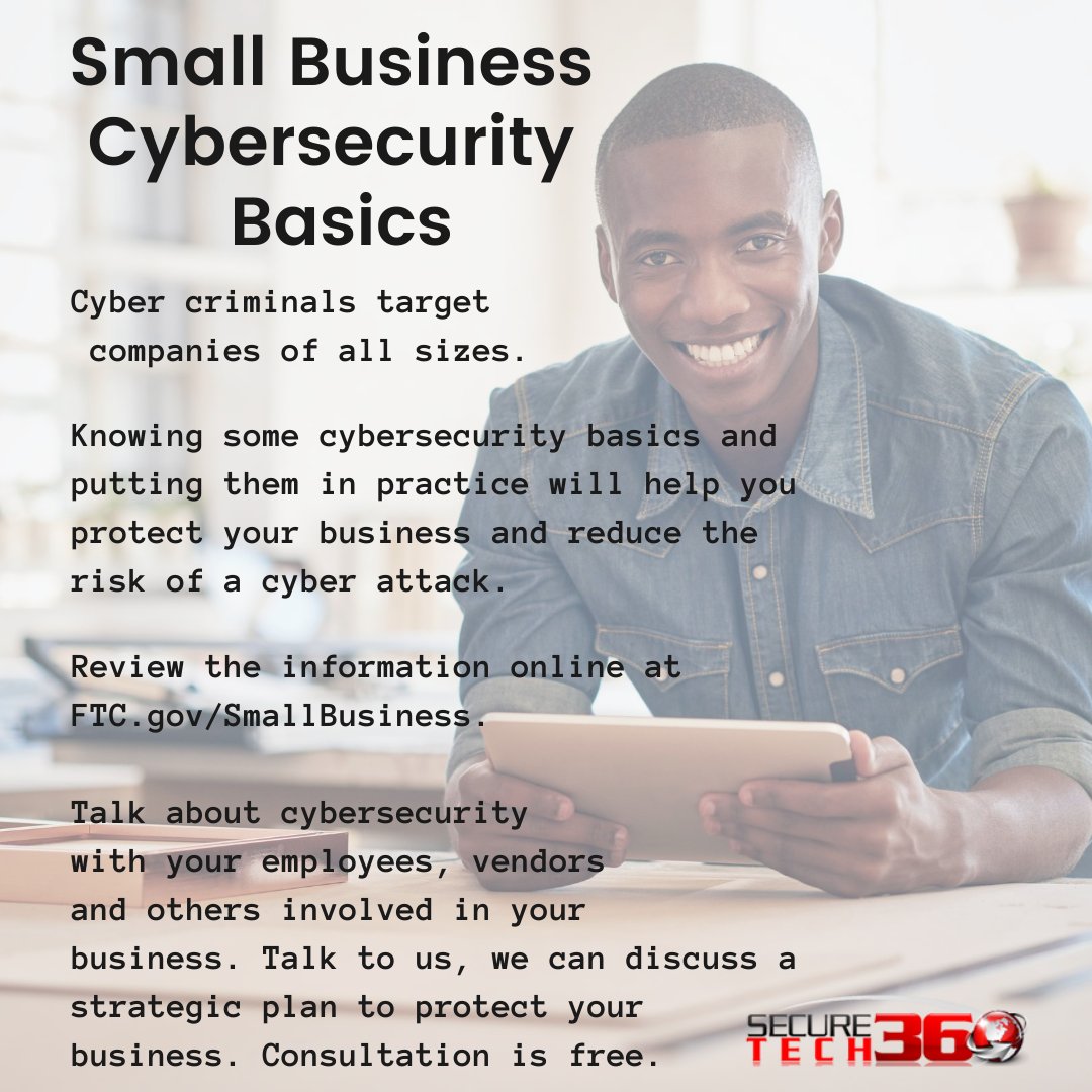 securetech360's tweet photo. #SmallBizWednesday
Knowing some #cybersecurity basics will help to protect your business. Talk to us about a #cybersecuritystrategy.
#SecureTech360
#360HealthNet
#cybersecurityconsultants
#cyberandit
#smallbusinessowners https://t.co/BAmyaLtH9O
