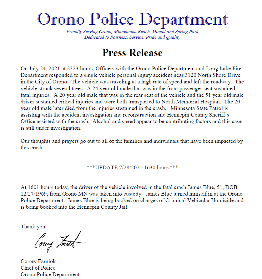 This is the latest press release regarding the fatal accident that occurred Saturday evening.  We have no further details to release as investigators continue to gather evidence.  Thanks to <a href="/HennepinSheriff/">Hennepin Sheriff</a> and <a href="/MnDPS_MSP/">MN State Patrol</a> for their assistance with this case.