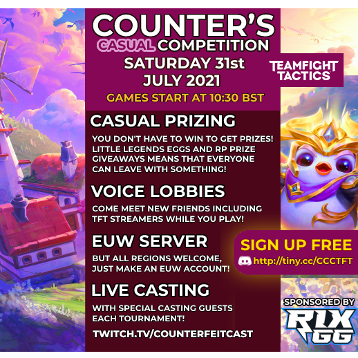 TFT competition this coming Saturday 10.30am BST with no entry fee, casting, 20 Little Legends eggs as prizes &amp; extra RP prizing support from <a href="/RixGG_/">RixGG</a> ! 

tiny.cc/CCCTFT join the Discord and find out more! 

Run on <a href="/BrackotApp/">Brackot</a> brackot.com/tournament/KjE…