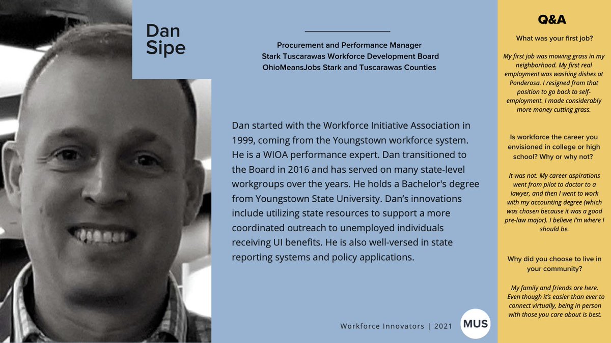 Celebrating the Future of Workforce Development:  
Meet our next Workforce Innovator, Daniel Sipe!
Dan is Procurement and Performance Manager  for our member partner <a href="/OmjStark/">OMJ Stark Tuscarawas</a>. 
Welcome Dan!
Learn more here: bit.ly/3f7517b #wkdev #innovation #Midwest cc:<a href="/JROB04/">Jerry Roberts</a>