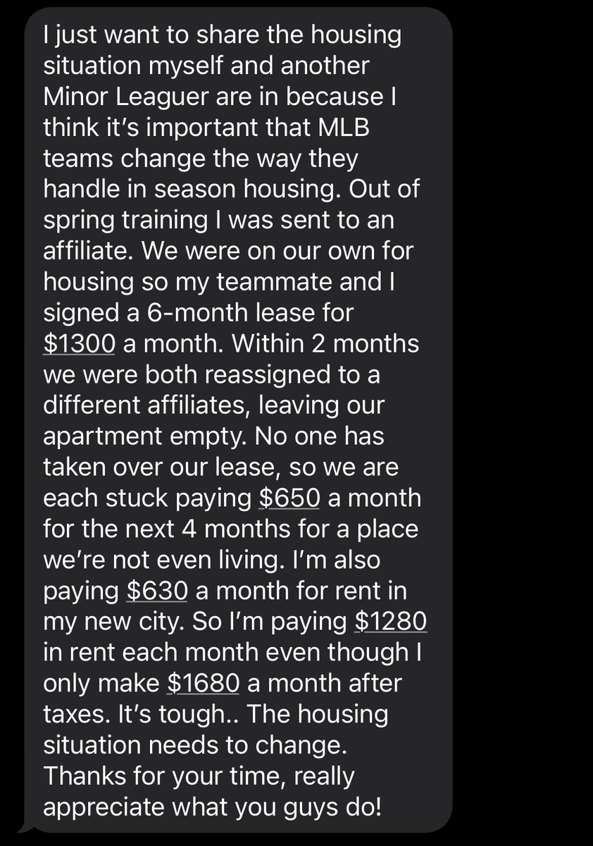 This is a real message we received from a Minor League player. We get messages like this all the time.

It’s time for every MLB team to cover Minor League housing.