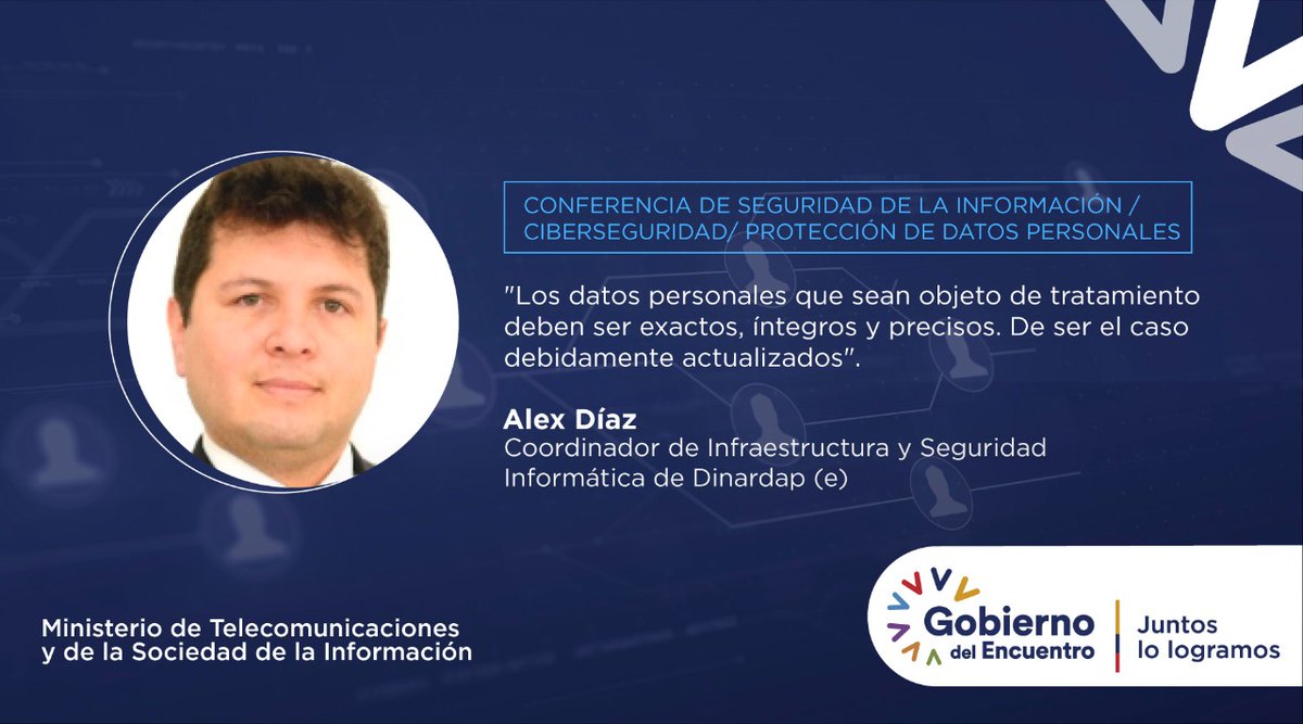 Telecom_Ec's tweet photo. 👉El coordinador de Infraestructura y Seguridad Informática de la @DINARDAP, Alex Díaz,  explicó hoy los detalles de la Ley de Protección de Datos Personales y su aplicación tecnológica, en el marco de la Conferencia de Seguridad de la Información. 

#EcuadorCiberseguro🇪🇨 https://t.co/xS41owY3hw
