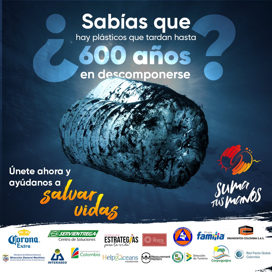 SumaTusManosCol's tweet photo. Es momento de ayudar a nuestros ecosistemas marinos y hacer que la historia cambie. Si ya te inscribiste, te esperamos el 31 de julio en la jornada de recolección de plástico en el Cabo de la Vela para hacer un mejor futuro para nuestros océanos #SumaTusManos #Plástico https://t.co/EAXzulHdKm
