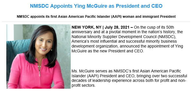 The <a href="/USHCC/">USHCC</a> proudly congratulates the National Minority Supplier Diversity Council (#NMSDC) on appointing Ying McGuire as President &amp; CEO. We look forward to working closely together and continuing our great partnership with @NMSDCHQ!