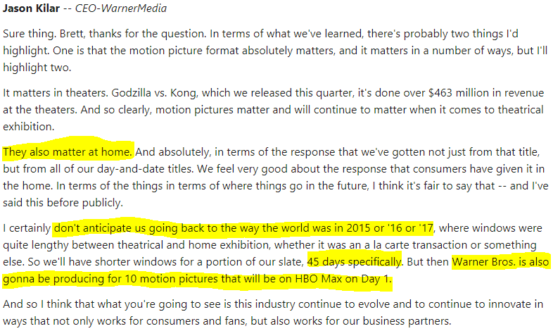 AMCScam's tweet image. More "great" news for $AMC

WarnerBros. to release 10 movies on streaming the day they hit theaters in 2022, with exclusivity windows for AMC halved from the traditional 90 days for other films. #Winning 🤣🤣🤣 #AMCScam 

fool.com/earnings/call-…