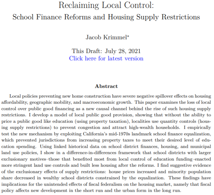 Excited to be batting leadoff tomorrow morning at #NBERSI Real Estate/Urban Econ! 

I'll be presenting my job market paper on the origins of modern NIMBYism. Hint: it's about school quality, property taxes, and a well-meaning policy gone wrong.
