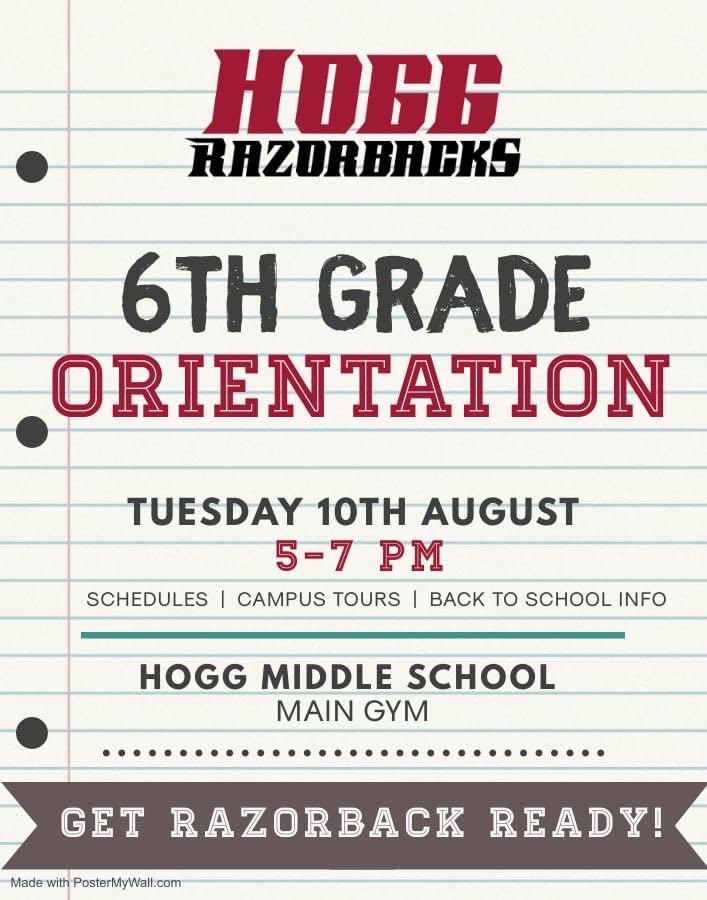 Incoming 6th-Graders, the long awaited transition from elementary to middle school is finally here. Join fellow Razorbacks in 6th-Grade Orientation, on Tues, Aug 10th, from 5PM-7PM. Parents/Guardians, please take advantage of online registration at tylerisd.org/page/how-to-en…