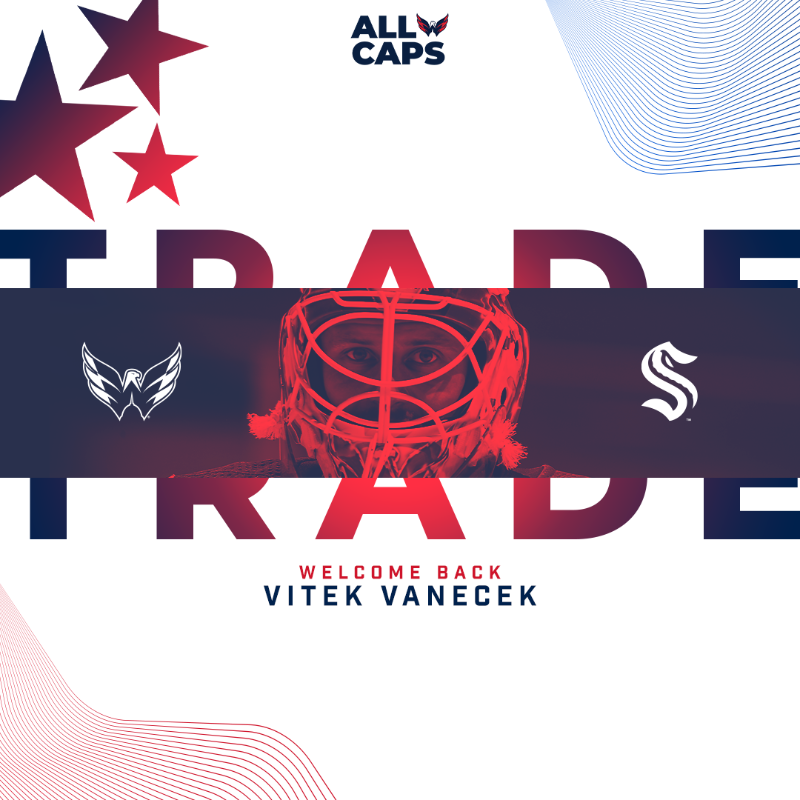 Capitals's tweet photo. NEWS | The Washington Capitals have acquired goaltender Vitek Vanecek from the Seattle Kraken for Winnipeg's second-round pick in the 2023 NHL Draft.