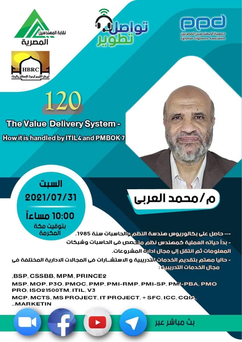 eeaksa's tweet photo. #تواصل_تطوير
المحاضرة ال 120 مع مهندس / محمد العربي 
  خبير و استشاري إدارة مشروعات وهندسة النظم بعنوان
The Value Delivery System - How it is handled by ITIL 4 and PMBOK 7"
التاسعة مساء توقيت القاهرة
العاشرة. مساء توقيت مكة المكرمة
السبت 31يوليو 2021
وذلك عبر تطبيق زووم https://t.co/Gw4yLGq4KJ