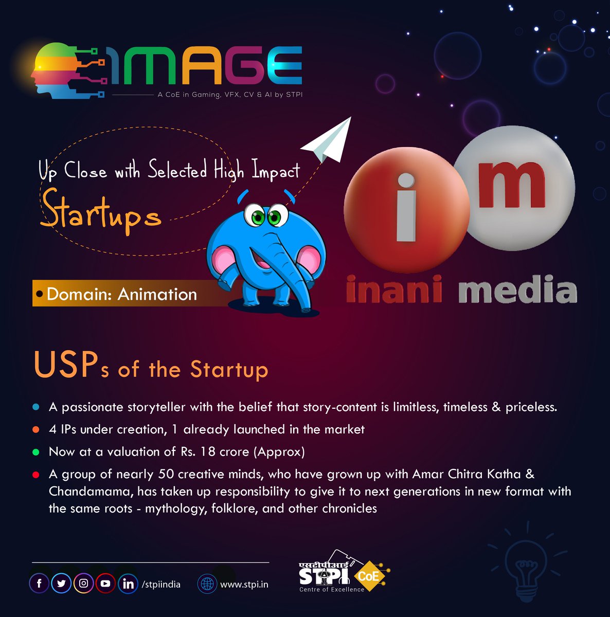 stpiindia's tweet photo. .@InaniMedia, a startup selected by #STPIIMAGE, has been disrupting the animation space by redefining story telling for next-gen audience by leveraging content from various genres like mythology, folklore & other chronicles. Explore: https://t.co/rhlrG7Rpbf #STPICoEs #STPIINDIA https://t.co/XdNrOf8bP4