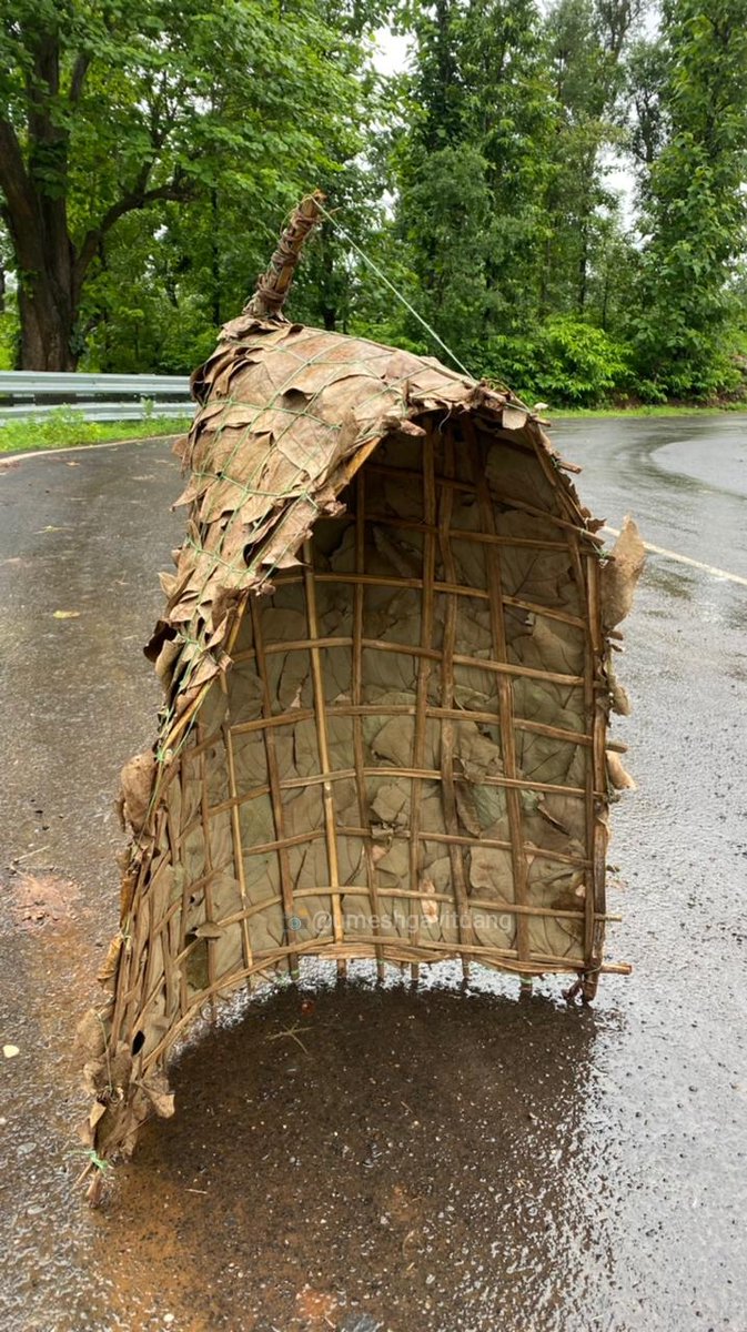 #Gujarat આદિવાસી દેશી છત્રી એટલે ઘોંઘડુ (ઘોંગડી) ☔️

ચોમાસાની ઋતુમાં વરસાદથી રક્ષણ માટે વાંસ અને કેસૂડાના પાંદડા સીવણ કરી બને છે આ છત્રી

ઘોઘડું તૈયાર થયા પછી ઓછામાં ઓછા ત્રણ-ચાર વર્ષ સુધી એને ઉપયોગમાં લઇ શકાય

વધુ પવન-વરસાદ હોય તો છત્રી સુરક્ષિત નથી રહેતી પણ આ ઘોંઘડી કામ કરે છે