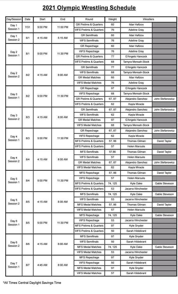 Here is a really good schedule that <a href="/coachtsteiner/">TSteiner</a> shared with us please feel free to share. It’s in central time <a href="/USAWrestling/">USA Wrestling</a>
