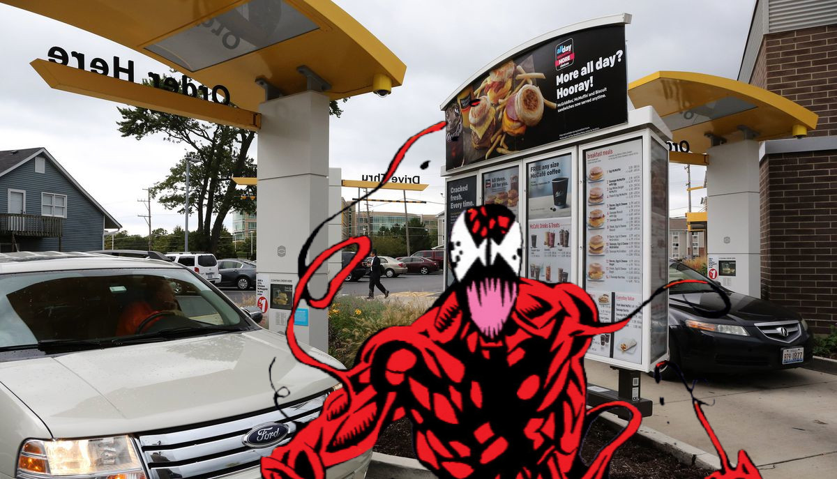 CarnageBased's tweet image. I'm at the McDonald's drive through without a car! -C