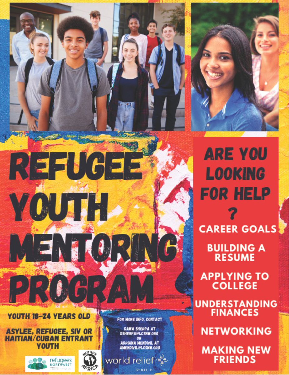 We're helping #refugee youth hone their educational and job readiness skills through our Refugee Youth Mentoring Program. Enrolling youth now!  #Seattle #KingCounty #HealthJusticeHope