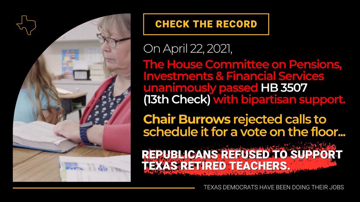 TMFtx's tweet photo. ✔️ We passed HB 3507 to ensure retired teachers received their #13thCheck w/ bipartisan support out of committee but it died in Calendars under Chair Burrows’ watch &amp; never advanced to the House Floor for a vote.

#CheckTheRecord #BetterLateThanNever #WeveBeenDoingOurJobs #txlege https://t.co/CllgPBDMrG